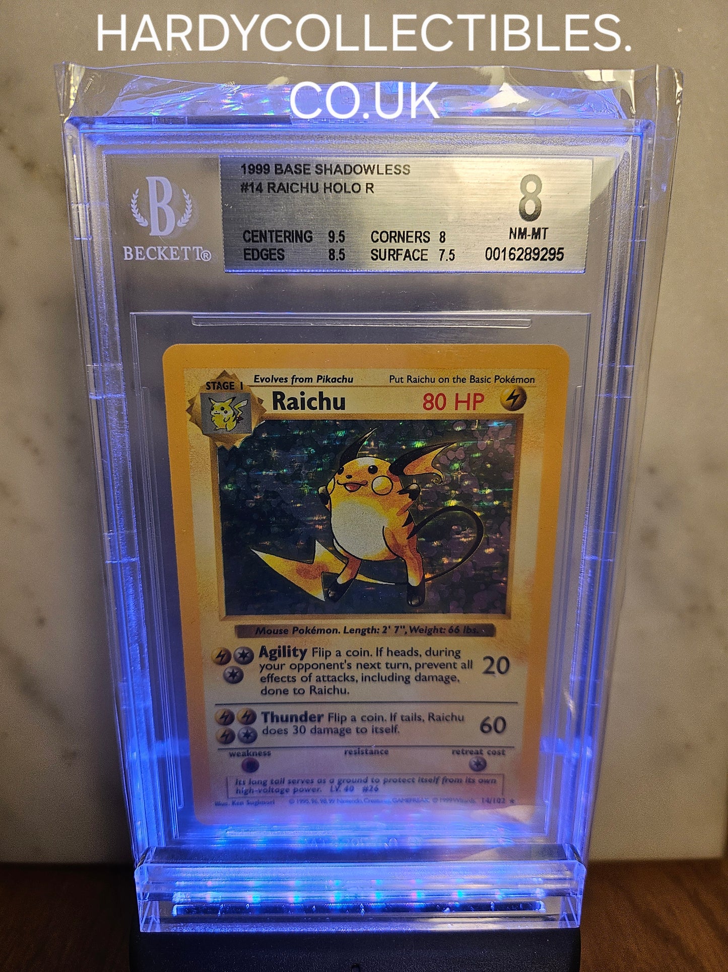 1999 Pokemon Trading Card Raichu Shadowless Holo Base Set BGS 8 Not PSA