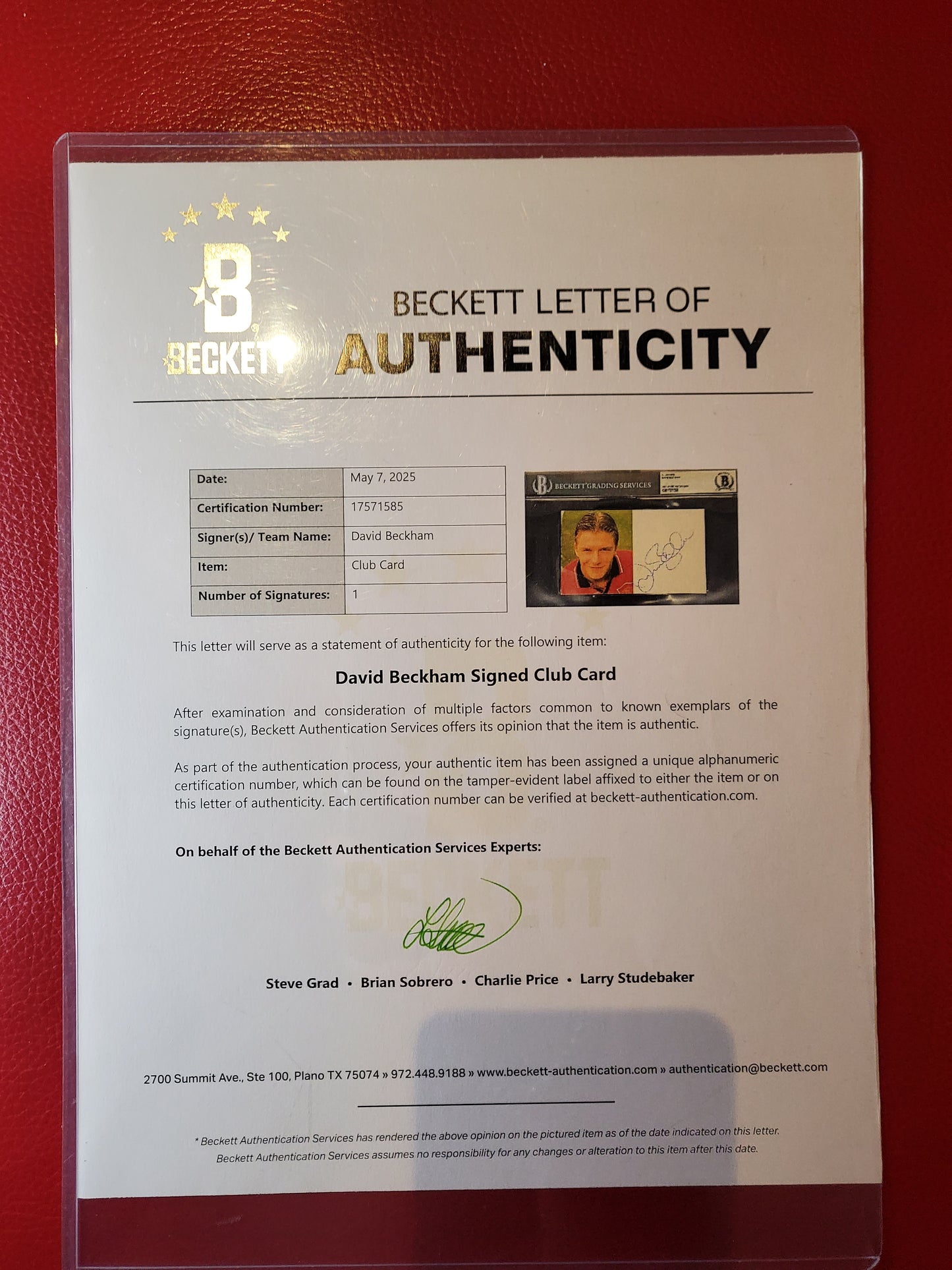 Signed David Beckham Manchester United Club Card Beckett BGS Graded With COA